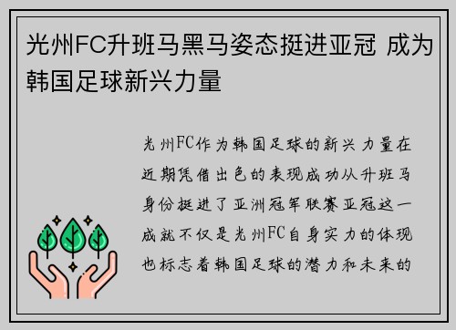 光州FC升班马黑马姿态挺进亚冠 成为韩国足球新兴力量 光州FC升班马黑马姿态挺进亚冠 成为韩国足球新兴力量