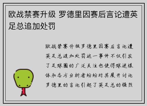 欧战禁赛升级 罗德里因赛后言论遭英足总追加处罚 欧战禁赛升级 罗德里因赛后言论遭英足总追加处罚